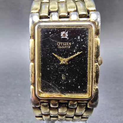 Citizen Tank Watch Men 23mm Black Dial Gold Tone Rectangle 6020-S27221 New Batt0