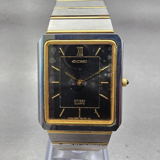 Citizen Exceed Watch Men 25mm Black Dial Two Tone Rectangle 3920-C90563 New Batt0