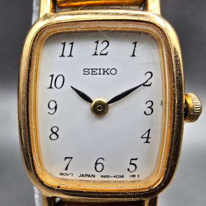 Seiko Watch Women 17mm White Dial Gold Tone Rectangle 1N00-5K29 New Battery JP1
