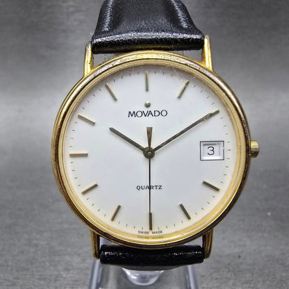 Movado Watch Men 34mm White Dial Gold Tone Date Round 87-A4-885 New Battery VTG0