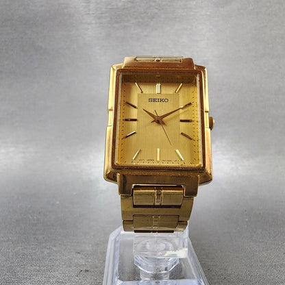 Seiko Tank Watch Men 26mm Champagne Dial Gold Tone Rectangle 7N015C90 New Batt5