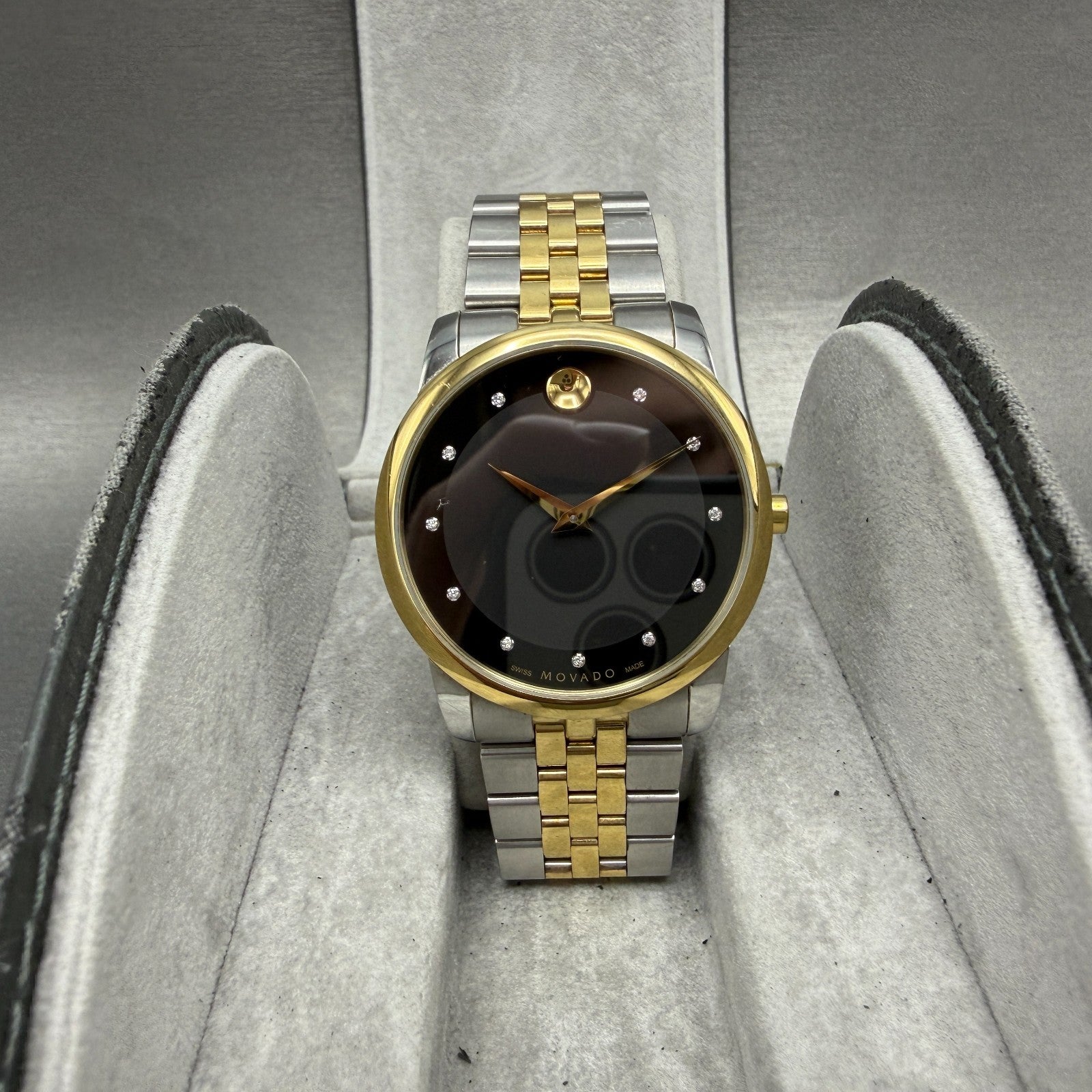 Movado Muesem Watch Men 40mm Black Dial Two Tone Round 0606879 New Battery0