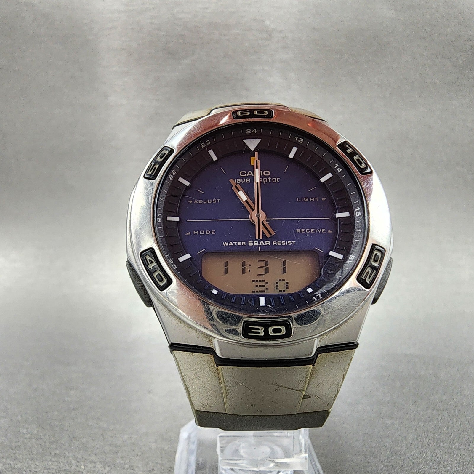 Casio Wave Ceptor Watch Men 41mm Blue Dial Silver Tone Analog Digital WVA105h5