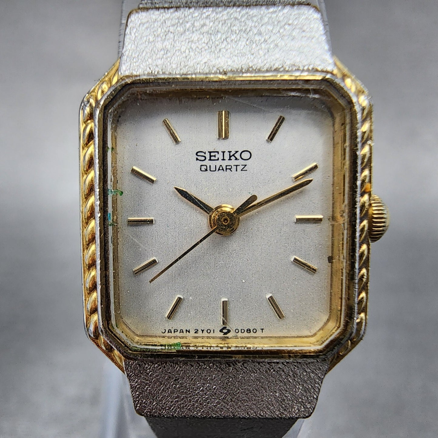 Seiko Watch Women 17mm Silver Dial Two Tone Rectangle 2Y01-5A70 New Battery