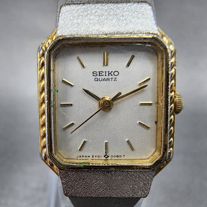 Seiko Watch Women 17mm Silver Dial Two Tone Rectangle 2Y01-5A70 New Battery