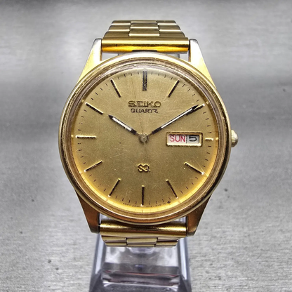 Seiko SQ Watch Men 35mm Gold Dial Gold Tone Daydate Round 5Y23-8029 New Battery0