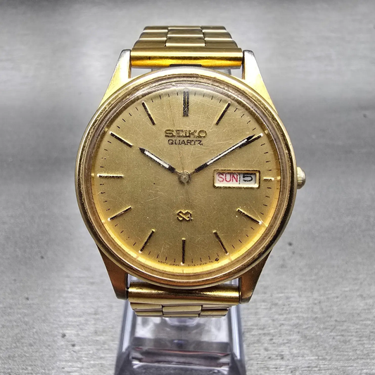 Seiko SQ Watch Men 35mm Gold Dial Gold Tone Daydate Round 5Y23-8029 New Battery0