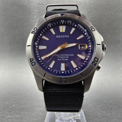 Citizen Reguno Watch Men 39mm Blue Dial Titanium Solar Atomic H415 Round Runs6