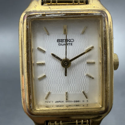 Seiko Tank Watch Women 18mm White Dial Gold Tone Rectangle V401-5129 NewBatt1