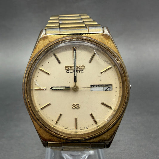 Seiko SQ Watch Men 35mm Cream Dial Gold Tone Daydate Round 8123-7239 PARTS VTG0
