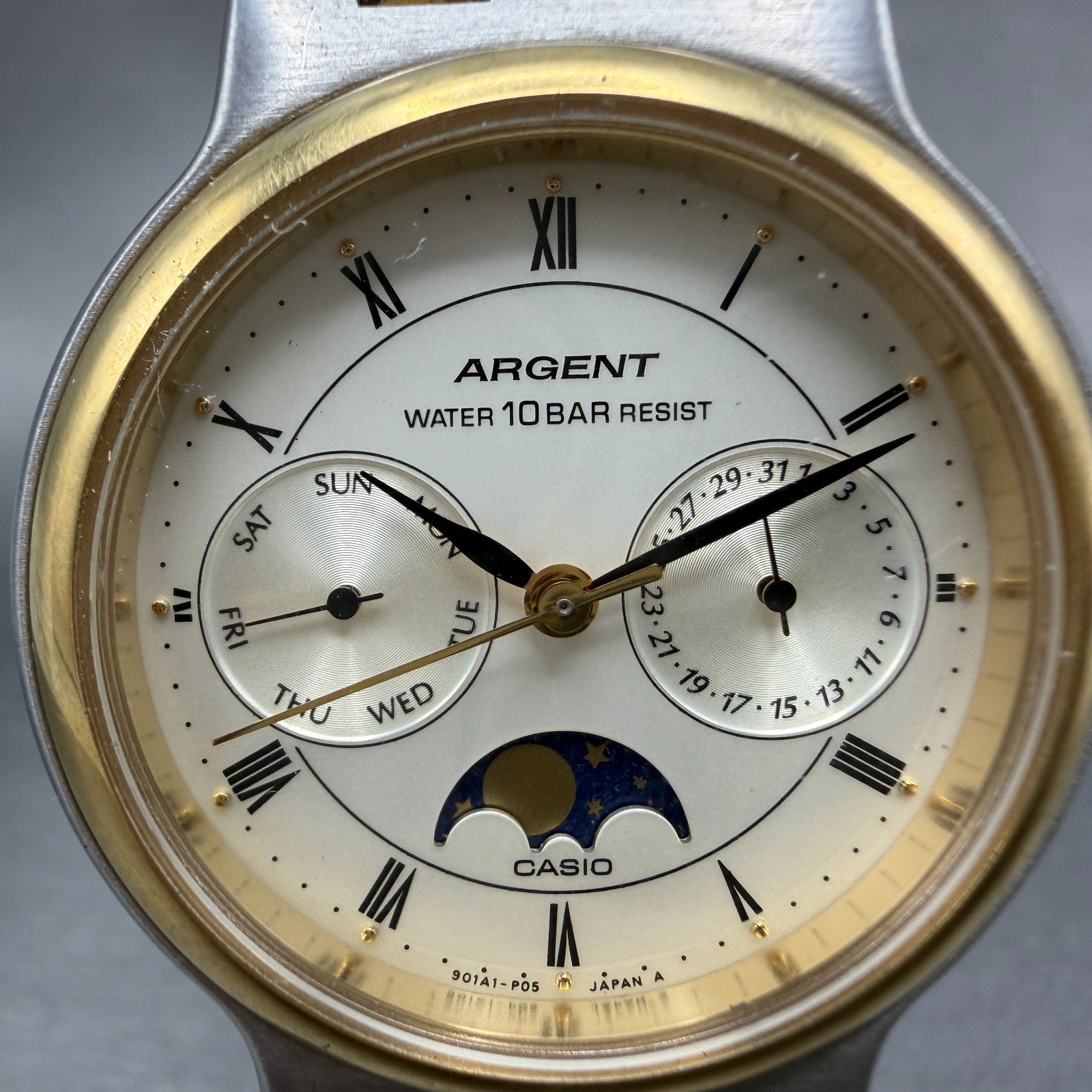 Casio Argent Moonphase Watch Men 34mm White Dial Two Tone Daydate Round New batt1