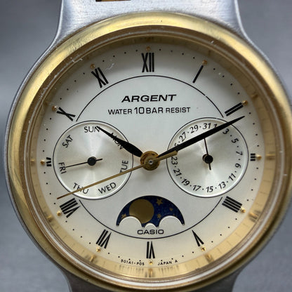 Casio Argent Moonphase Watch Men 34mm White Dial Two Tone Daydate Round New batt1