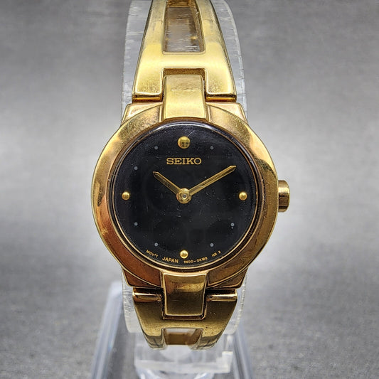 Seiko Watch Women 20mm Black Dial Gold Tone Round 1N000GM0 New Battery0