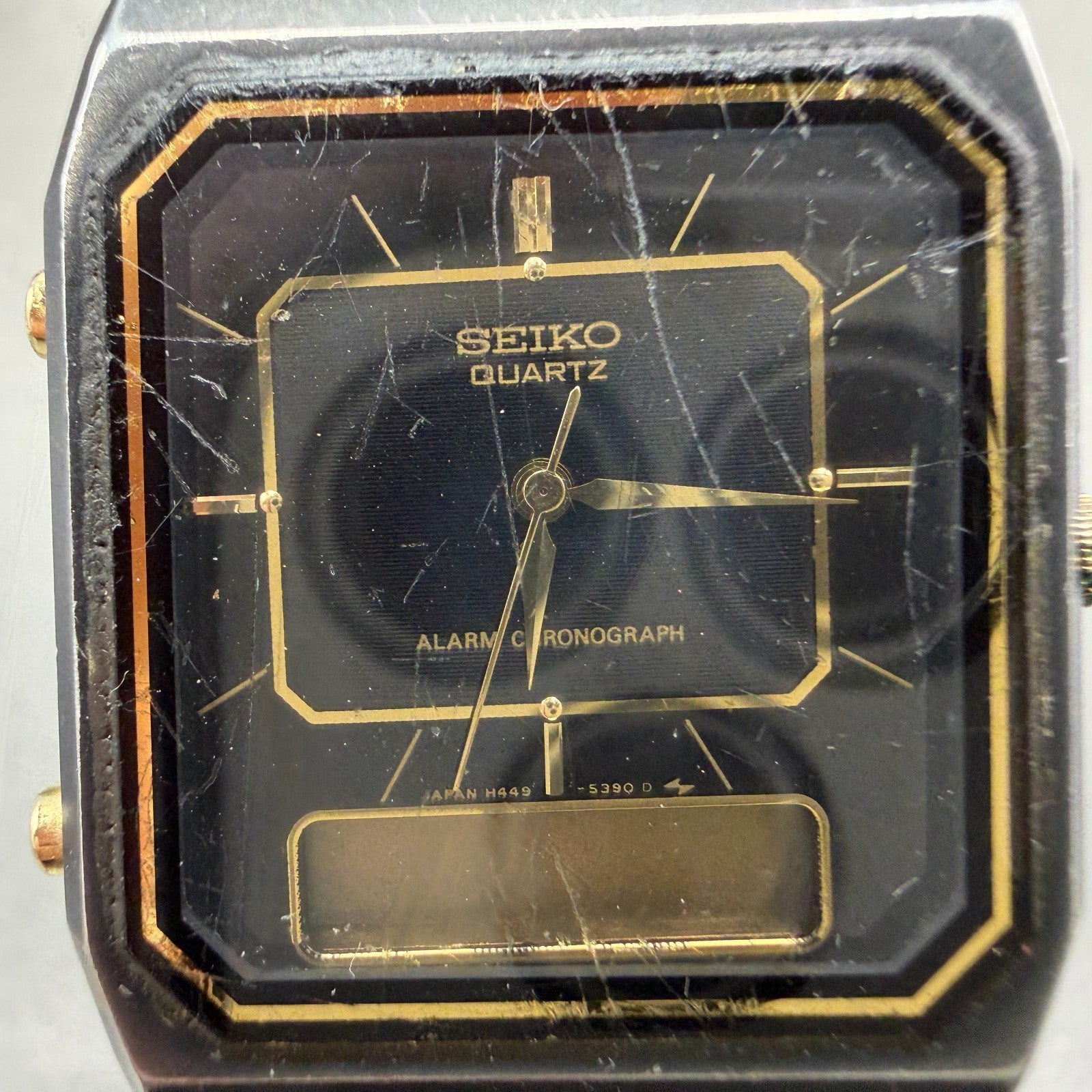 Seiko Analog Digital Watch Men 29mm Black Gold Alarm Chrono H449-5339 PARTS VTG2