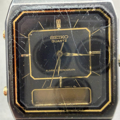 Seiko Analog Digital Watch Men 29mm Black Gold Alarm Chrono H449-5339 PARTS VTG2