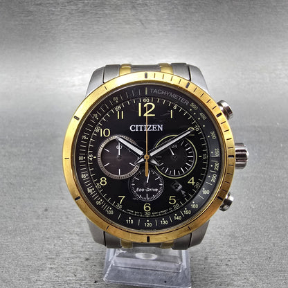 Citizen Eco-DriveChronograph Watch Men 44mm Black Dial Two Tone Date Round Runs0