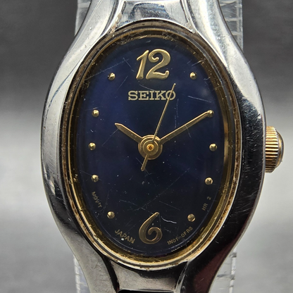 Seiko Watch Women 17mm Blue Dial Two Tone Oval 1N01-0CT0 New Battery Vintage JP1