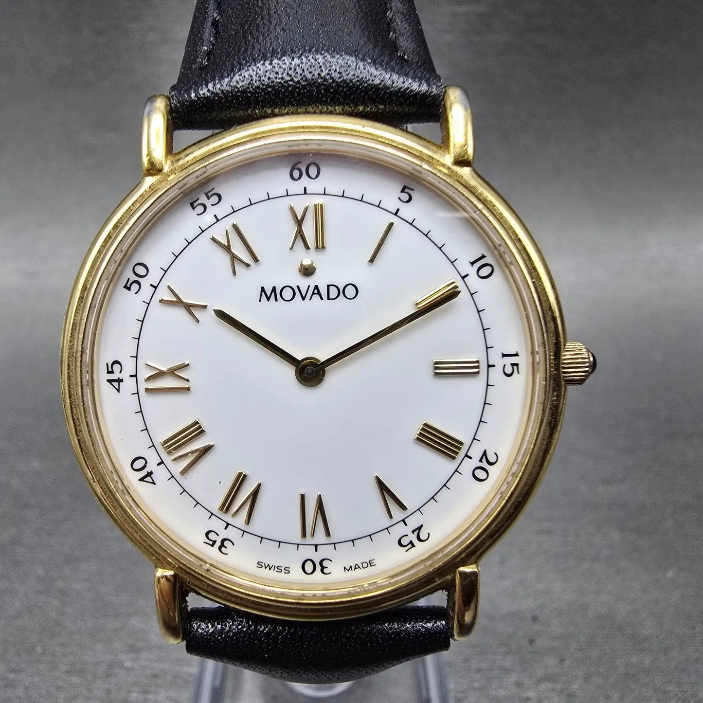 Movado Watch Men 34mm White Dial Gold Tone Round 87-E4-0885 New Battery VTG NJU0