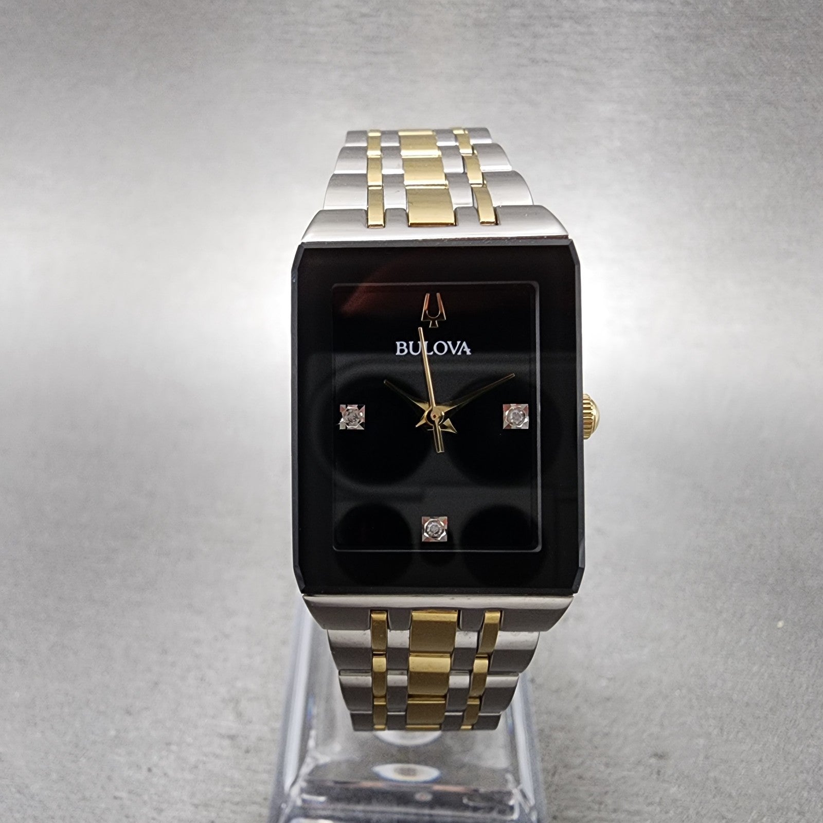 Bulova Quadra Tank Watch Women 21mm Black Dial Two Tone Rectangle 98P185 Works0