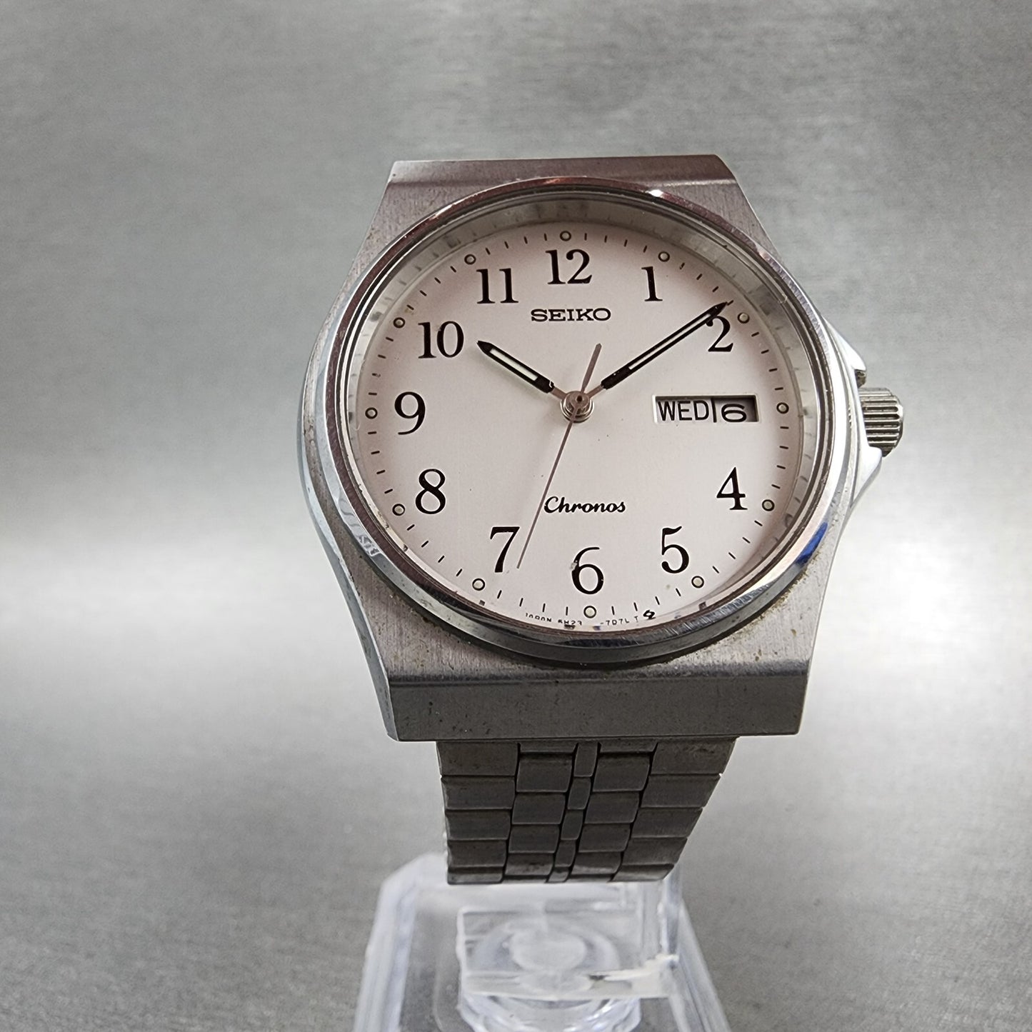 Seiko Chronos Watch Men 35mm White Dial Steel Daydate Round 5H237D20 PARTS4