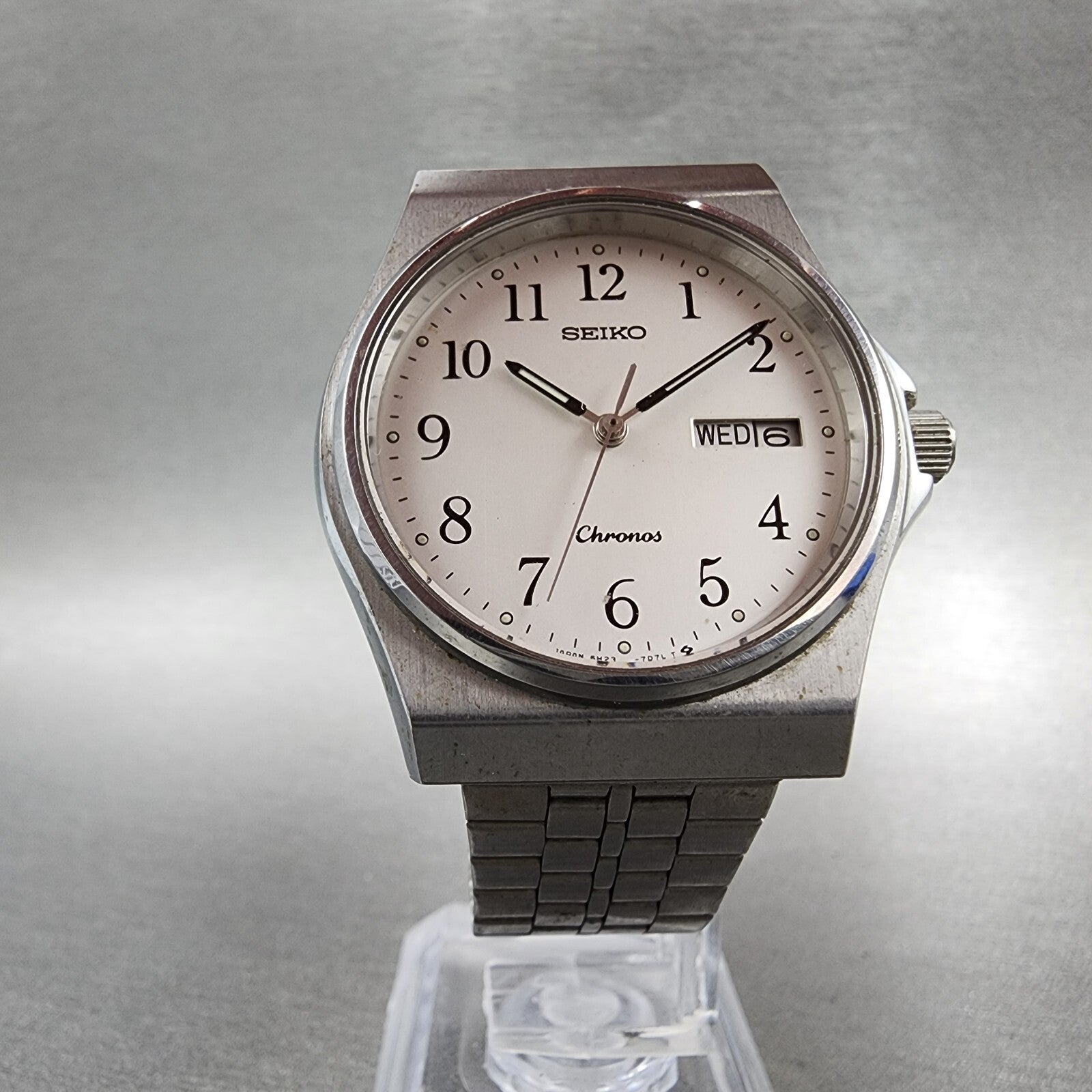Seiko Chronos Watch Men 35mm White Dial Steel Daydate Round 5H237D20 PARTS4