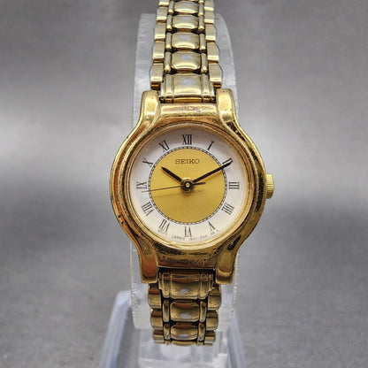 Seiko Watch Women 20mm White & Gold Dial Gold Tone Round 1N01 New Battery