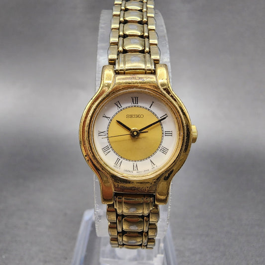 Seiko Watch Women 20mm White & Gold Dial Gold Tone Round 1N01 New Battery