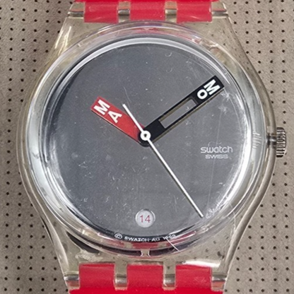 Swatch MoMA Red Watch Men 34mm Silver Dial Clear Case GZ406D New Battery NOS1
