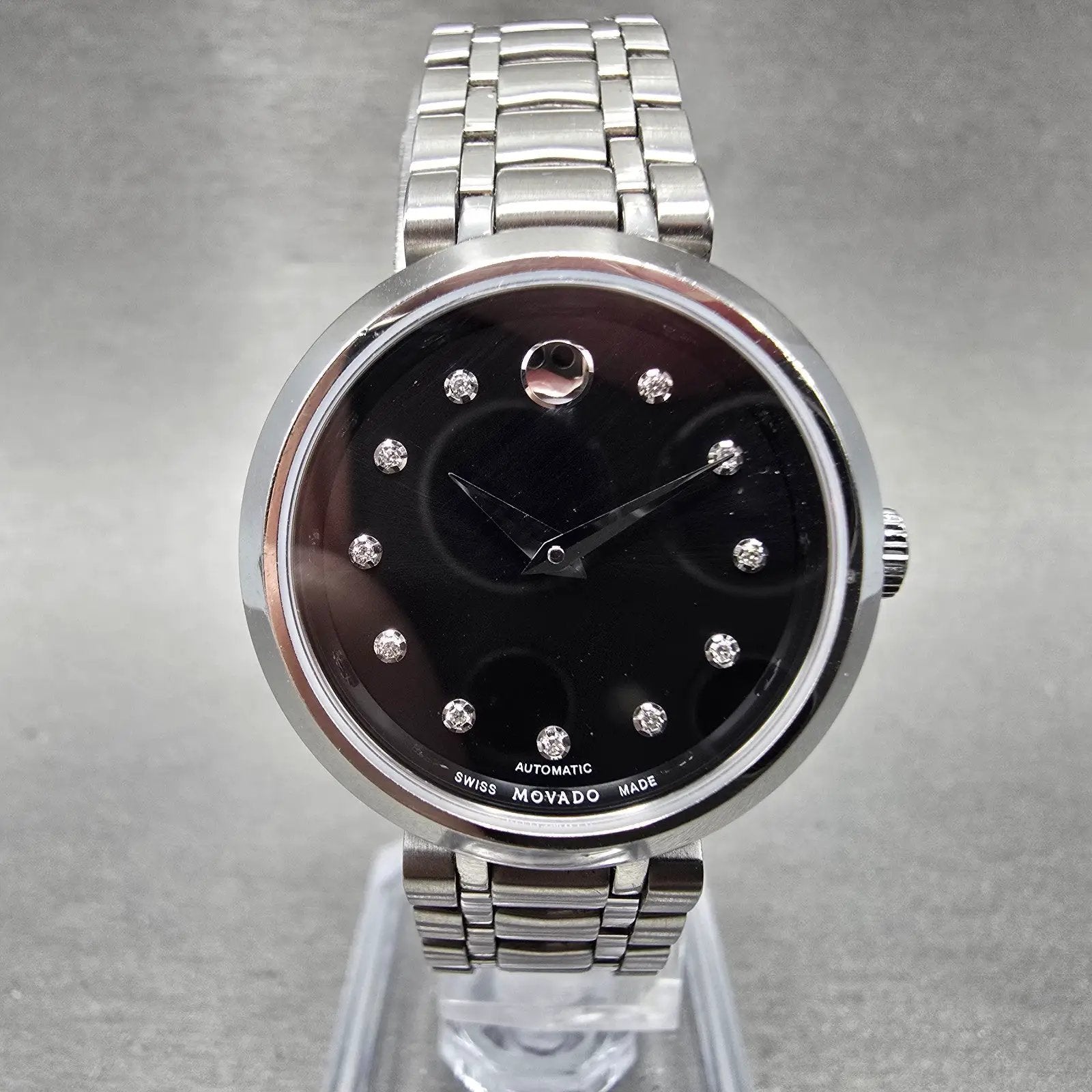 Movado Automatic Watch Women 27mm Black Dial Silver Tone Round 0606919 Runs0