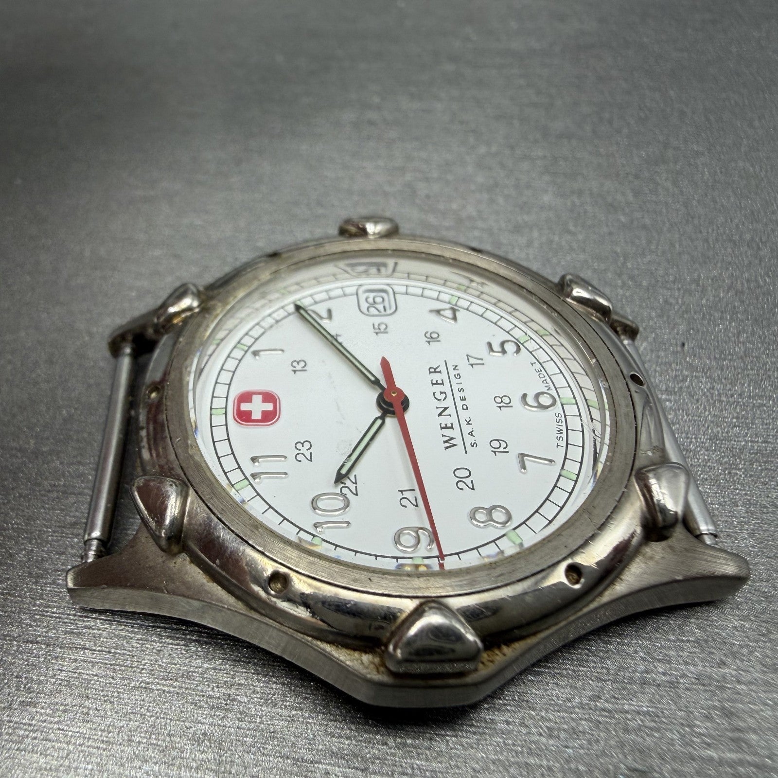 Wenger SAK Watch Men 35mm White Dial Steel Date Round Leather Band New BatteryBH3