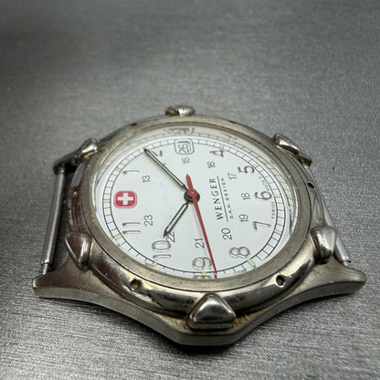 Wenger SAK Watch Men 35mm White Dial Steel Date Round Leather Band New BatteryBH3