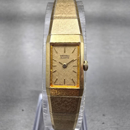 Seiko Tank Watch Women 12mm Gold Dial Gold Tone Rectangle 2E20-5029 New Battery0