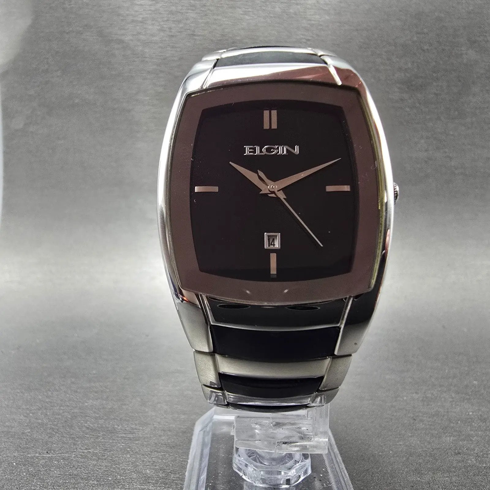Elgin Tank Watch Men 34mm Black Dial Silver Tone Date Rectangle EG453 NewBattery6