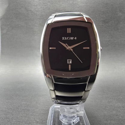 Elgin Tank Watch Men 34mm Black Dial Silver Tone Date Rectangle EG453 NewBattery6