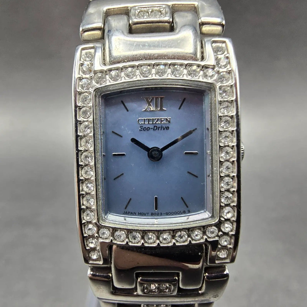 Citizen Eco-Drive Tank Watch Women 17mm MOP Dial Silver Crystal Bezel Runs JP0