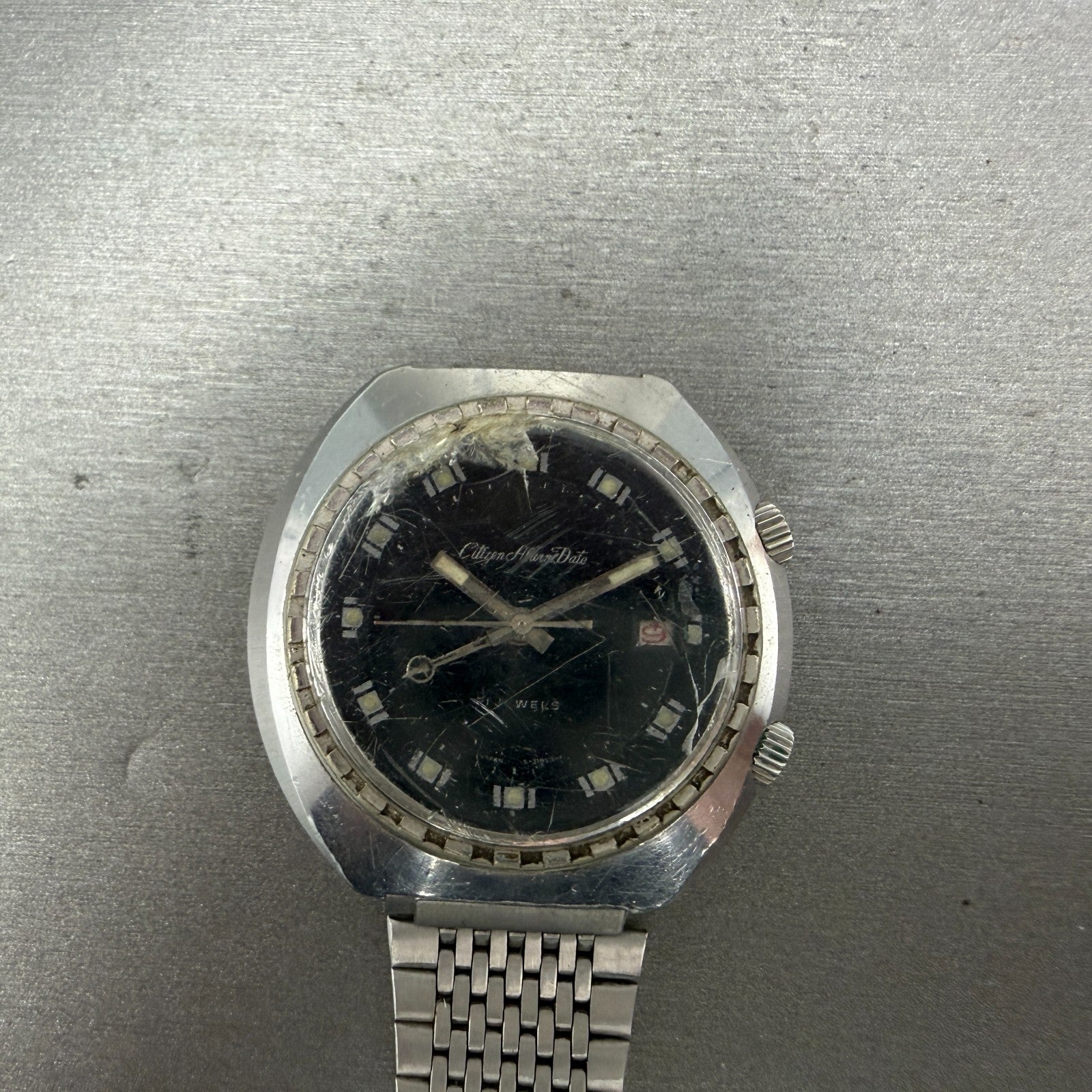 Citizen Alarm Date Watch Men 42mm Black Dial Silver Tone 4-310055 Manual Runs0