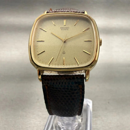 Seiko Watch Men 31mm Champagne Dial Gold Tone Rectangle 5931-5470 New Battery5