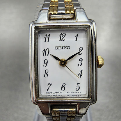 Seiko Tank Watch Women 16mm White Dial Two Tone Rectangle 1N010FH0 New Battery1