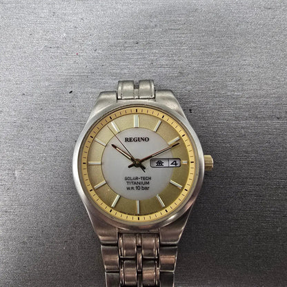 Citizen Reguno Solar Watch Men 34mm Champagne Dial Titanium Daydate Runs READ!!!0