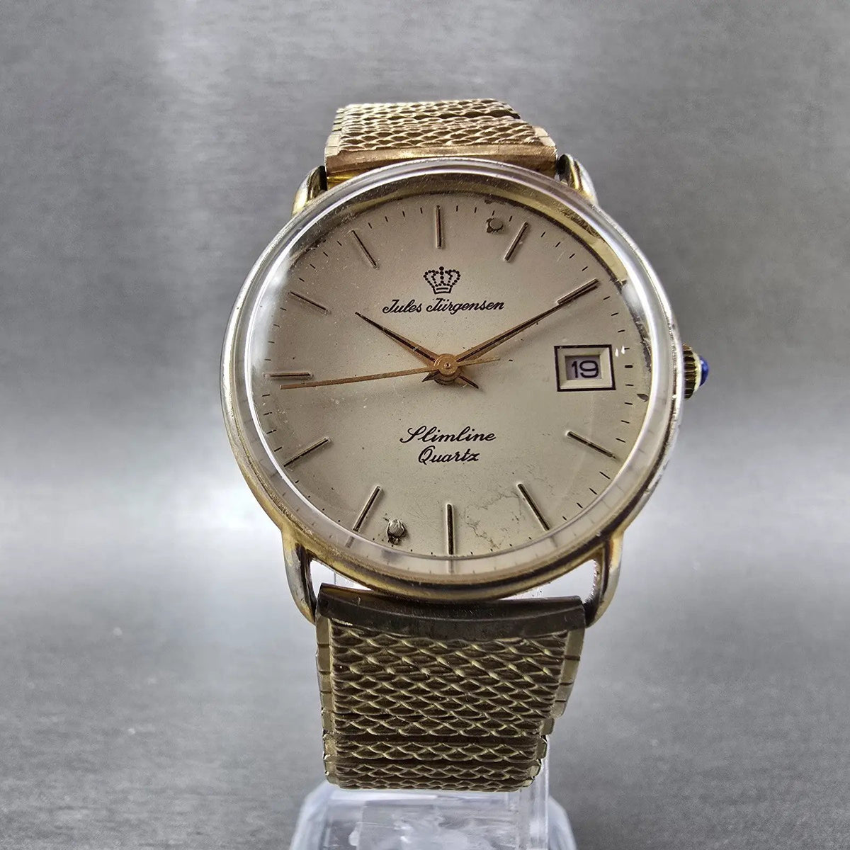 Jules Jurgensen Watch Men 30mm Champange Dial Gold Tone Date READ!! 6142 New Bat5