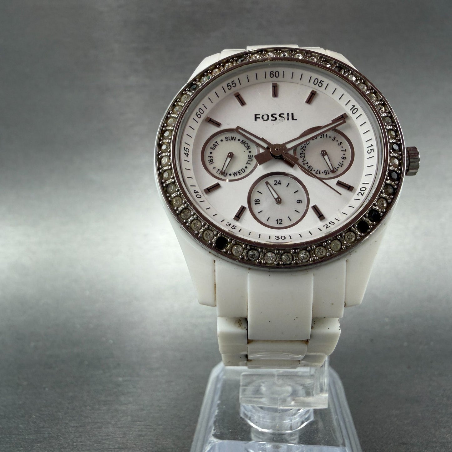 Fossil Stella Watch Women 38mm White Dial White Tone Round ES1967 New Battery5