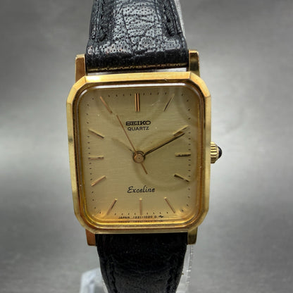 Seiko Exceline Tank Watch Women 19mm Champagne Dial Gold Tone 1221-5720 New Bat90