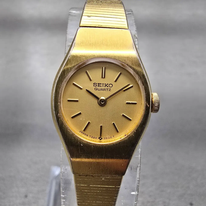 Seiko Watch Women 17mm Gold Dial Gold Tone Oval 7320-0209 New Battery Vintage G0