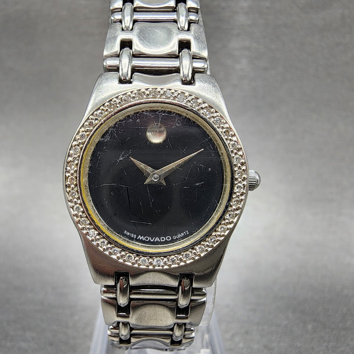 Movado Museum Watch Women 24mm Black Dial Steel Diamond Bezel New Battery0