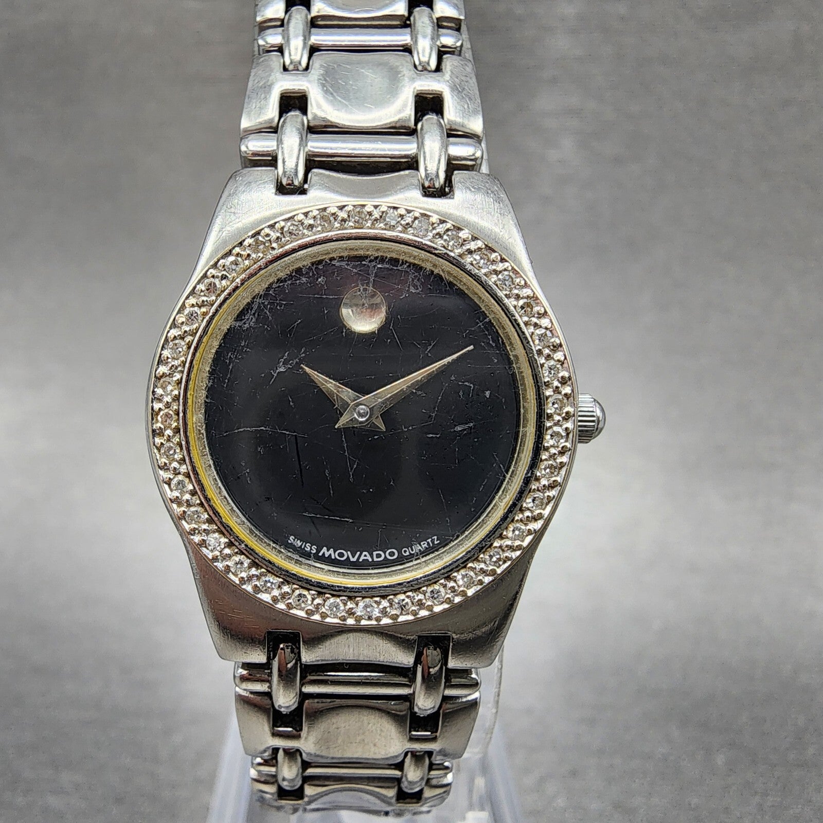 Movado Museum Watch Women 24mm Black Dial Steel Diamond Bezel New Battery0