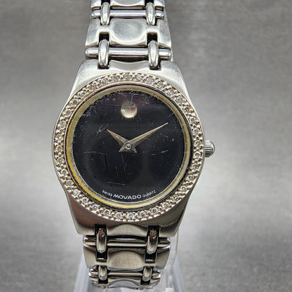 Movado Museum Watch Women 24mm Black Dial Steel Diamond Bezel New Battery0