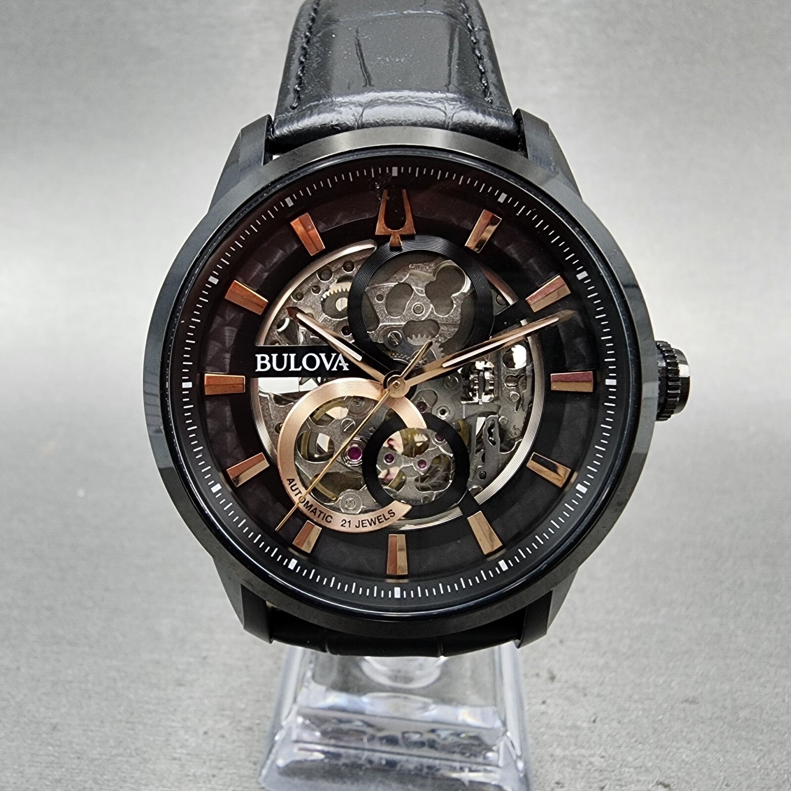 Bulova Sutton Watch Men 43mm Skeleton Dial Black Tone Round Automatic 98A283 B120