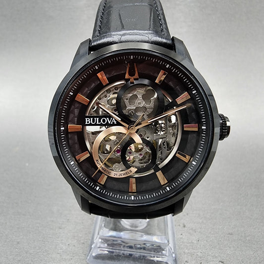 Bulova Sutton Watch Men 43mm Skeleton Dial Black Tone Round Automatic 98A283 B120