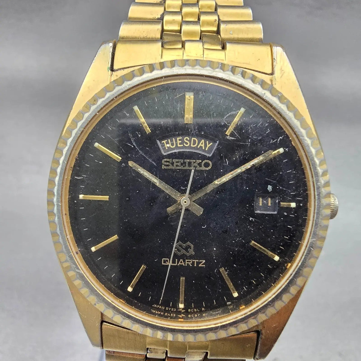 Seiko President Watch Men 36mm Black Dial Gold Tone Daydate 5Y23-8A69 New Batt1