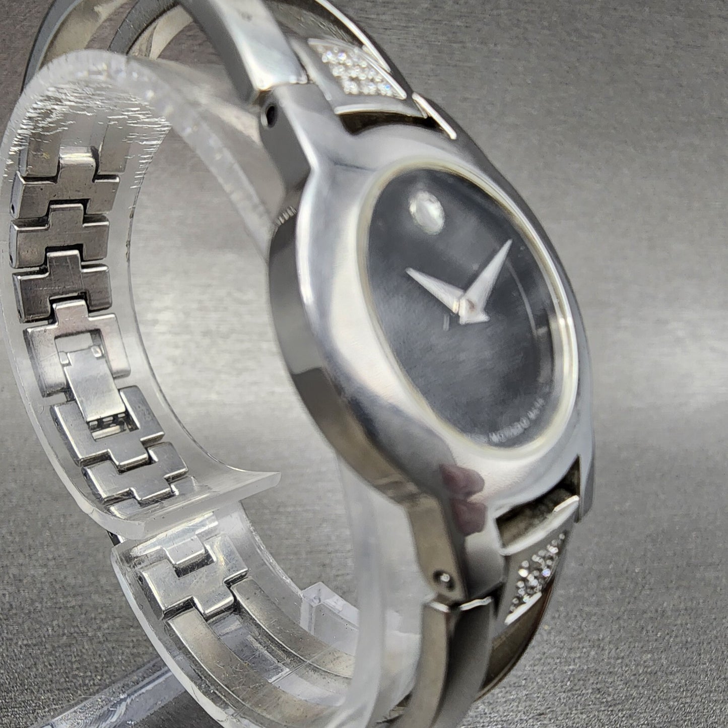 Movado Amorosa Watch Women 24mm Black Dial Steel Diamond Accents New Battery3